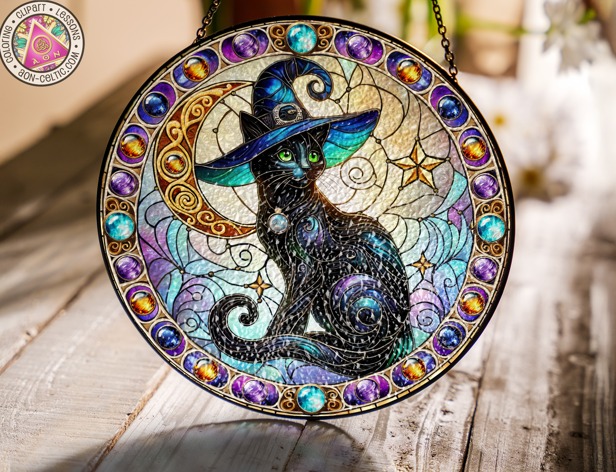 a stained glass picture of a cat wearing a witches hat