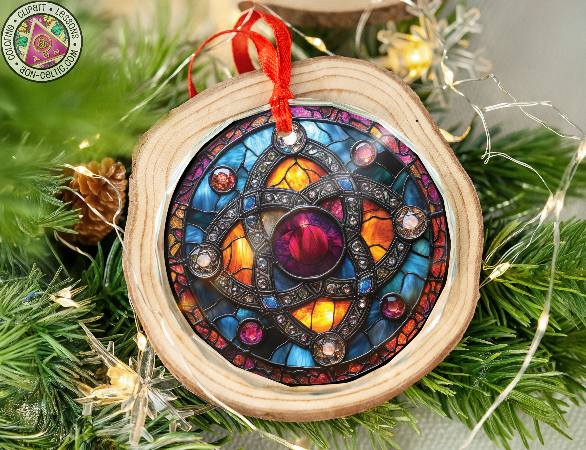 a stained glass ornament hanging from a christmas tree
