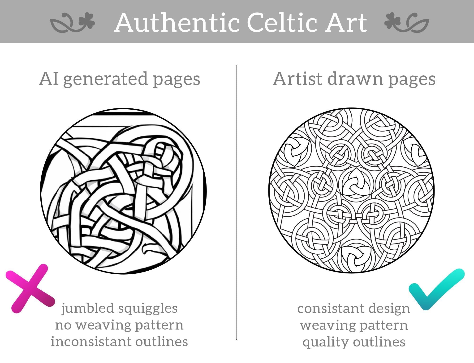The image is a comparison between an AI-generated page and an artist-drawn page, focusing on the consistency of design and quality of the outlines.