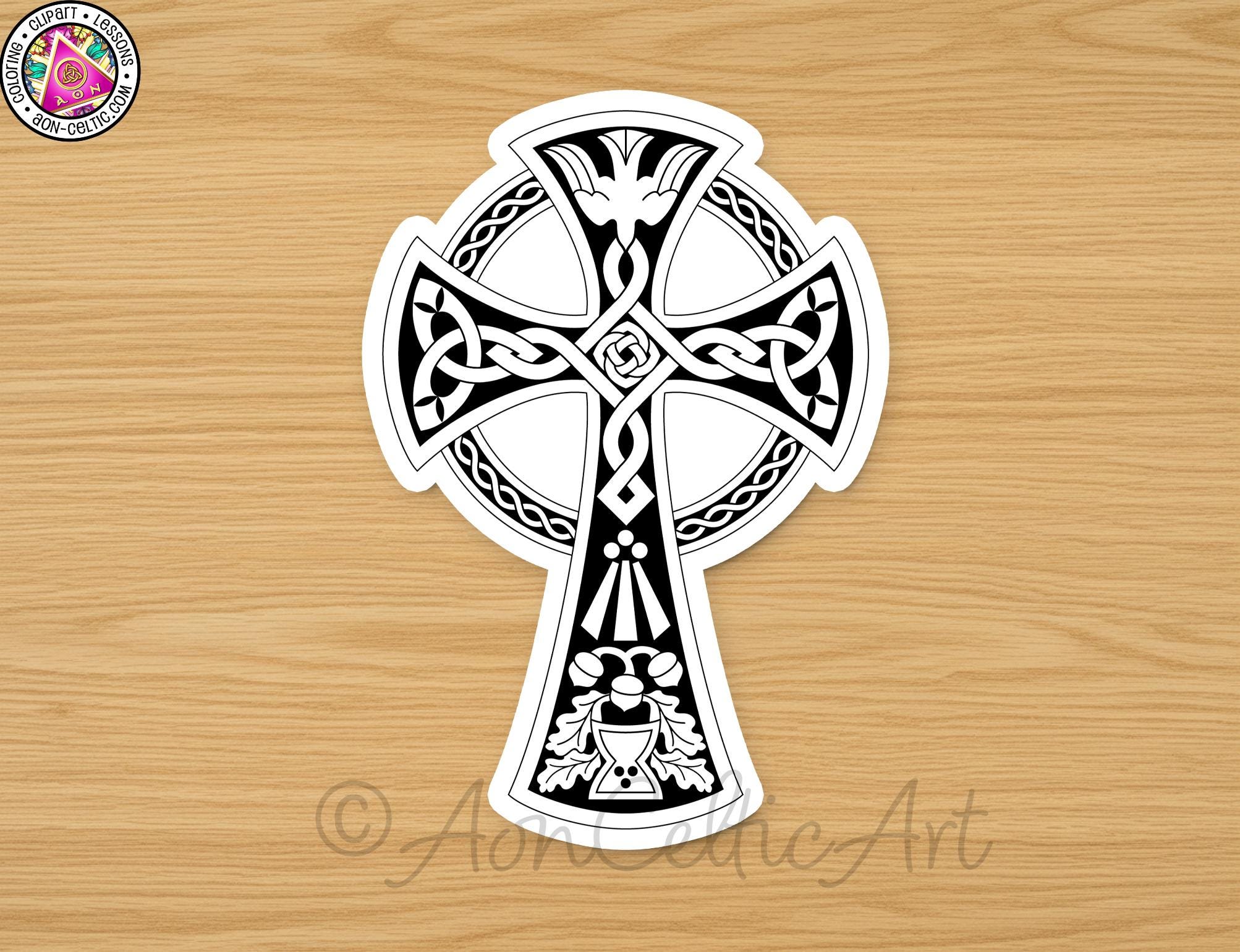 A black and white illustration of a Celtic cross design on a wooden surface.
