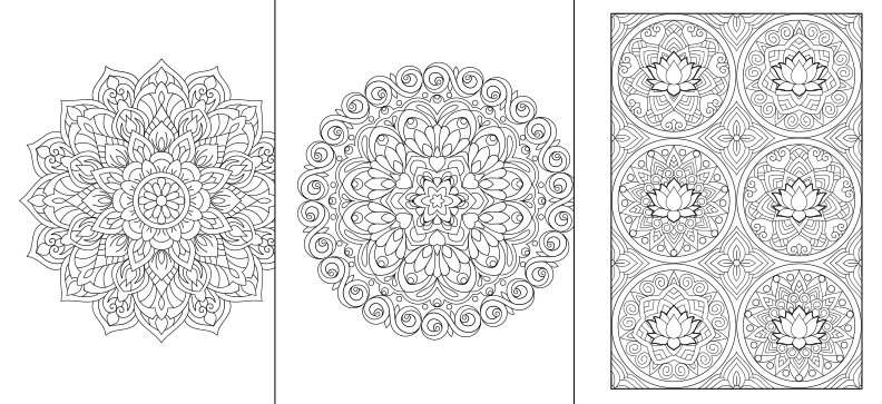 a set of three coloring pages with different designs