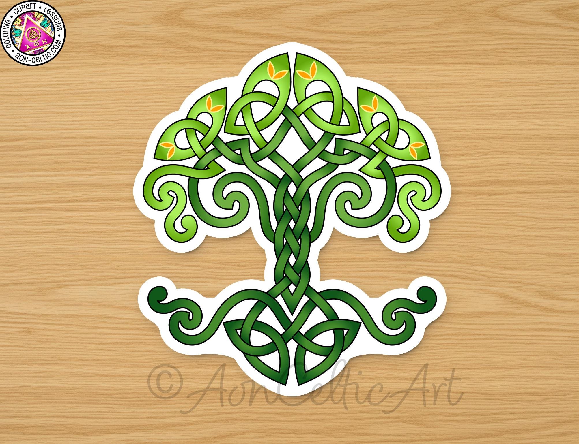 A sticker depicting a stylized tree design with intricate green and yellow patterns, resembling Celtic or Celtic-inspired art.