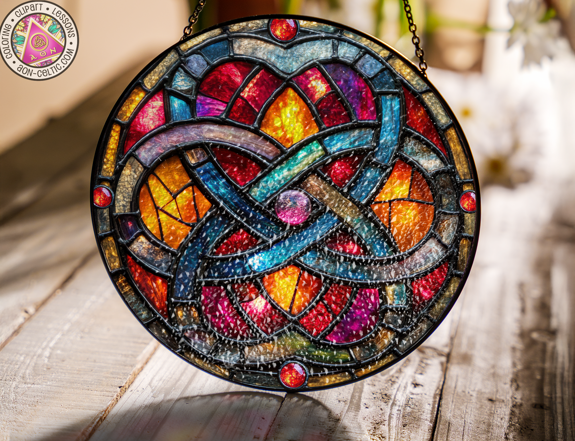 a stained glass window hanging on a chain