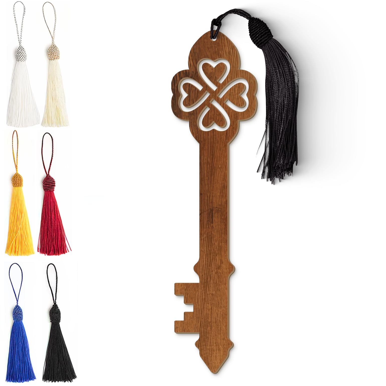 Celtic Wooden Bookmark – Woven Heart Knot with Silky Tassel | Dark Wood Grain Finish