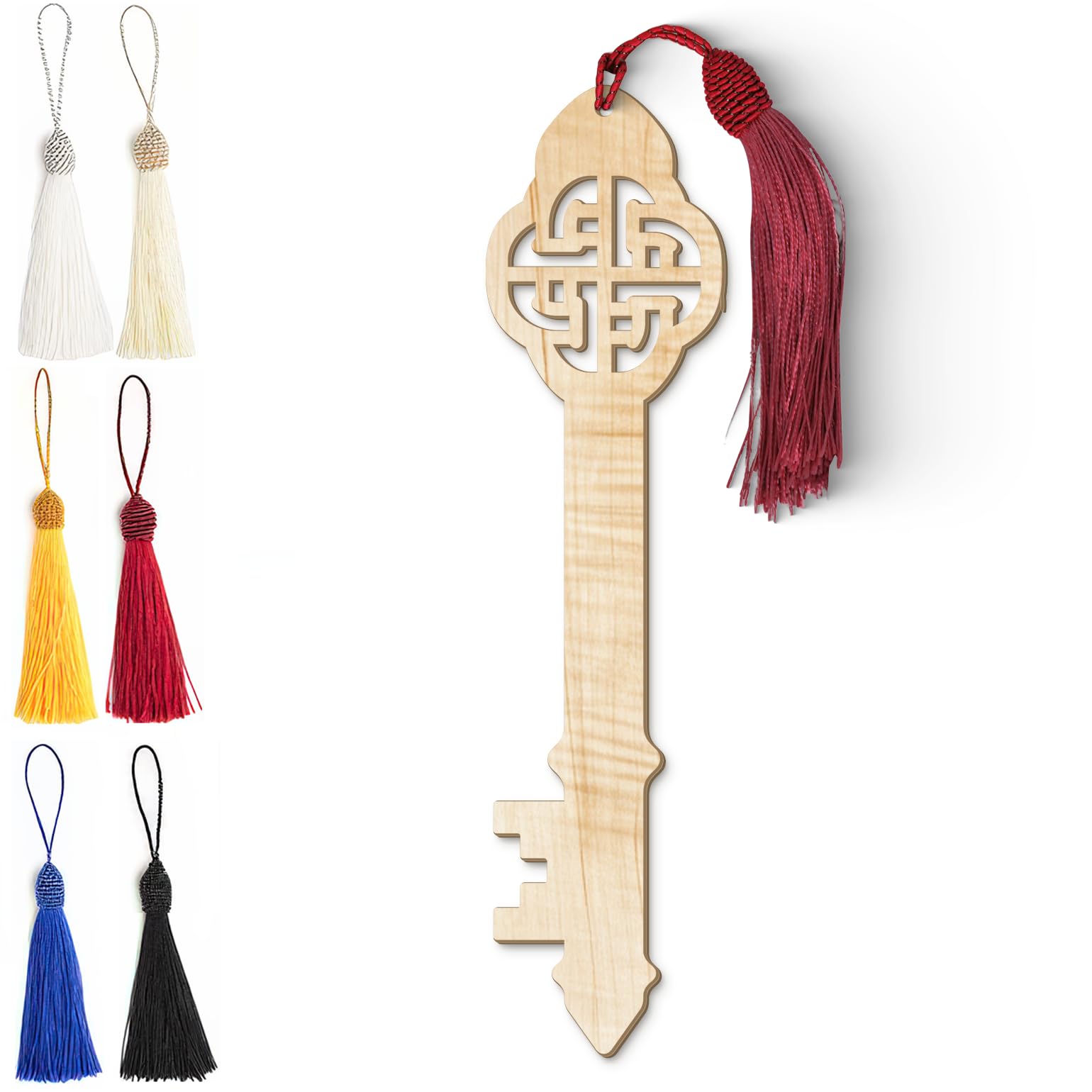 Wooden Bookmark – Celtic Knot Design with Four Leaf Clover & Tassel Accessory