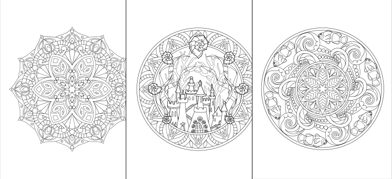 three intricate mandala designs, each with unique patterns and elements. The mandala on the left is a large, symmetrical design with a central flower and a castle in the background. The middle mandala is a smaller, more detailed design with a central flower and a castle in the background. The mandala on the right is a smaller, more intricate design with a central flower and a castle in the background.