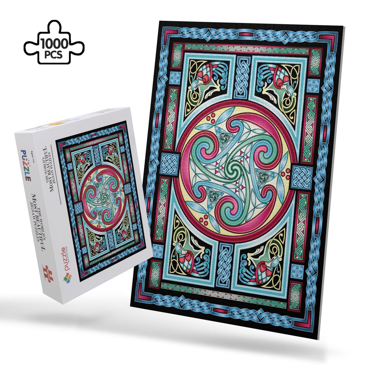 a large, colorful, and intricate Celtic-inspired design with swirling patterns and geometric shapes in shades of blue, pink, green, and yellow.