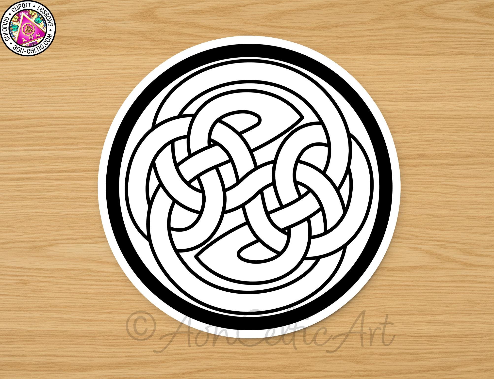 A circular design featuring a complex knot pattern in black and white.