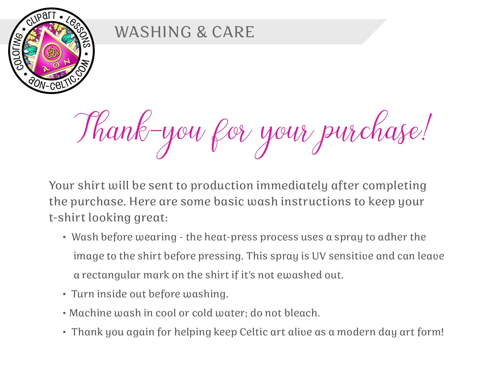 a white sheet with pink writing on it that says thank you for your purchase