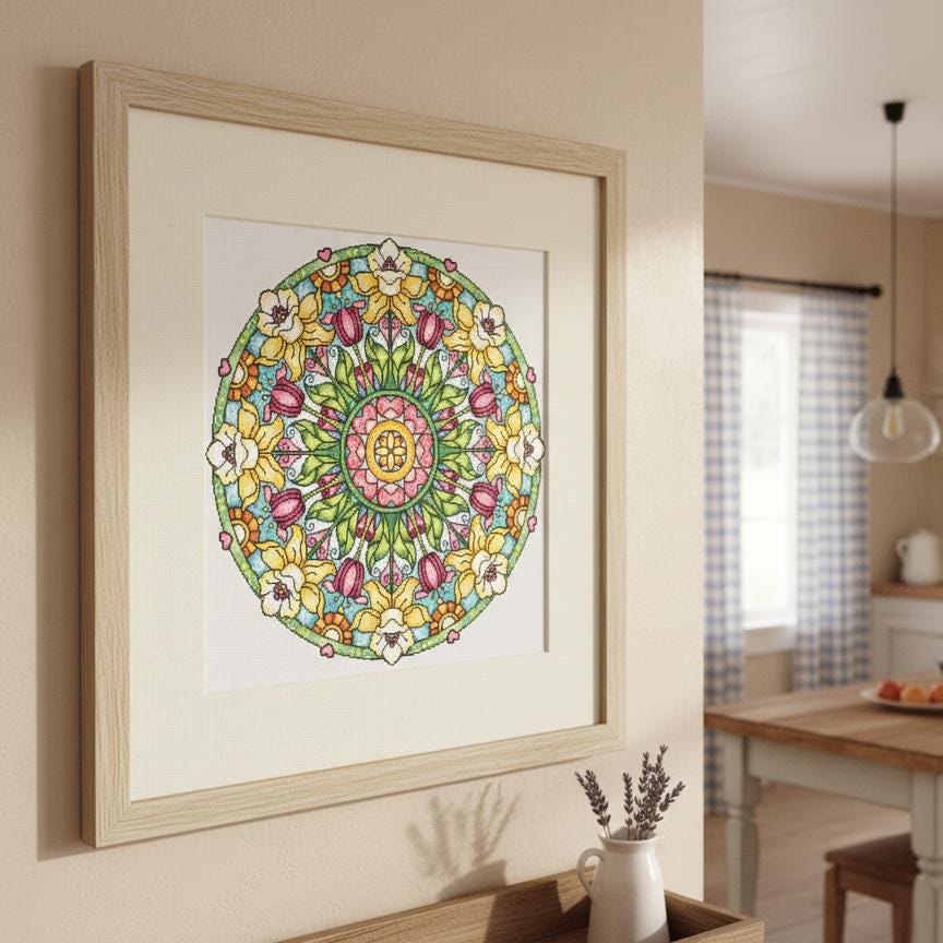 a framed mandala-like design with a vibrant floral pattern, hanging on a wall in a room with a dining table and chairs visible in the background.