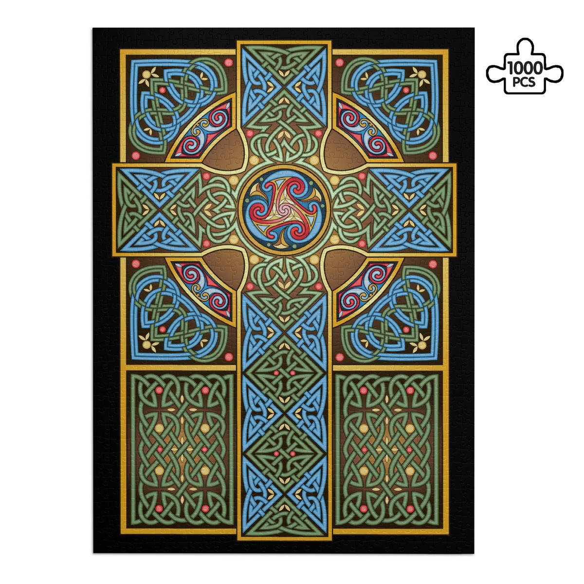 The image is a detailed and intricate Celtic cross design, featuring a complex pattern of interlocking geometric shapes and symbols in various colors including blue, green, red, and gold.
