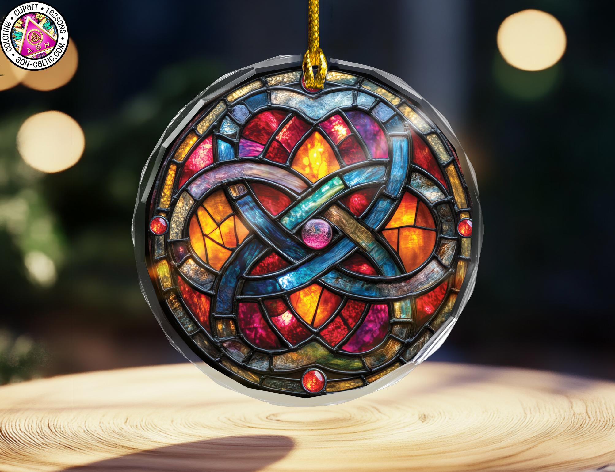a stained glass ornament hanging from a wooden table