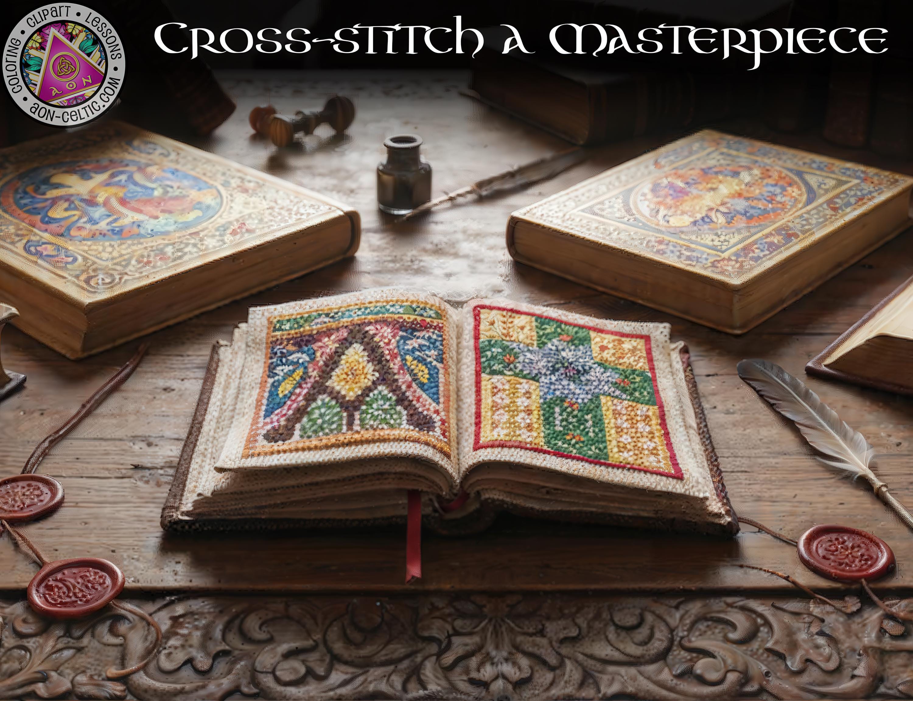 an open book with intricate embroidered designs, surrounded by other books, a quill pen, and wax seals, all arranged on a wooden surface.