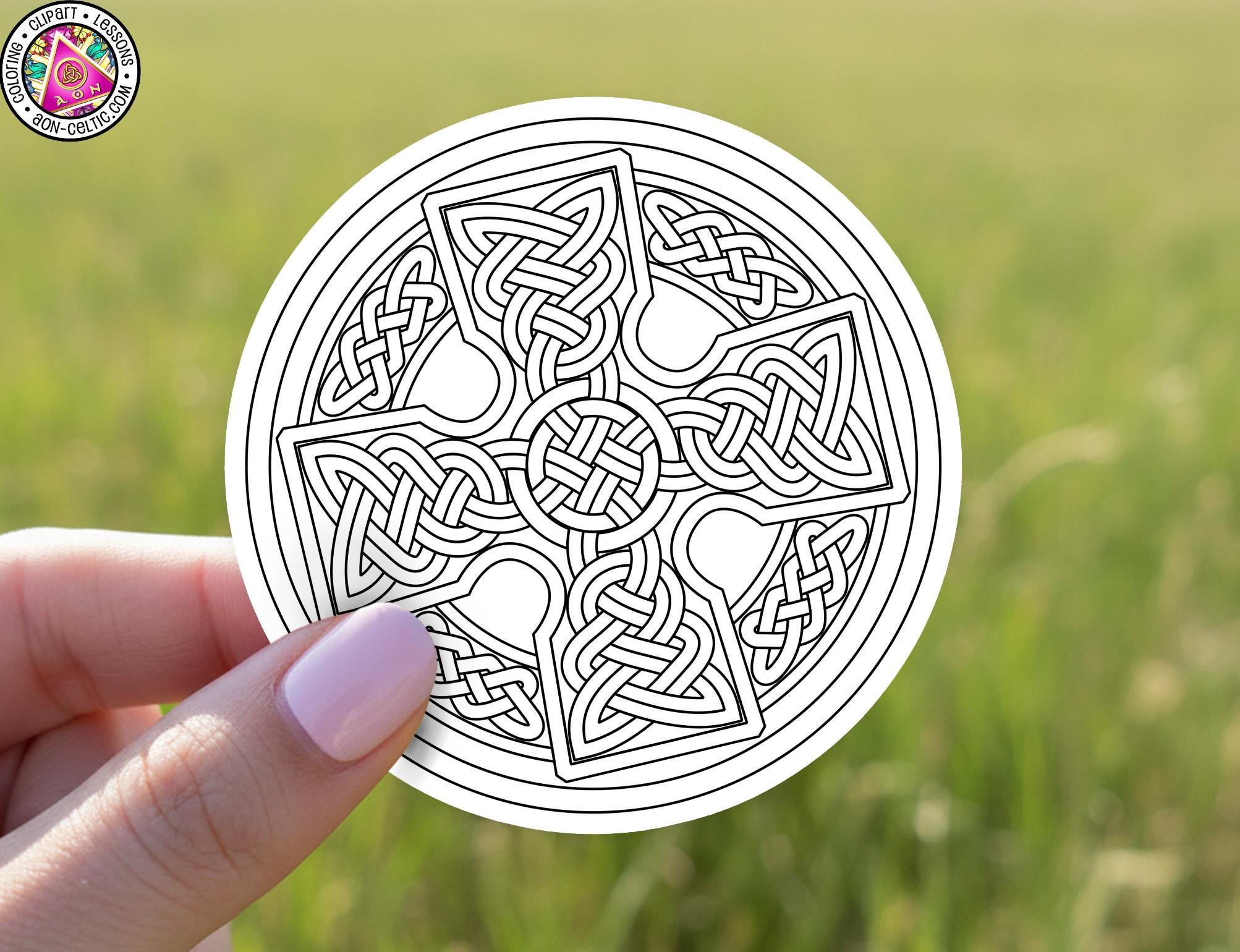 A hand holding a circular object with intricate Celtic knot designs on it.