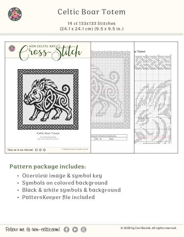 The image is a cross-stitch pattern featuring a Celtic boar toom. The pattern includes a detailed view of the symbols and a color-coded background. The package also includes a PatternKeeper file for easy sharing and printing.