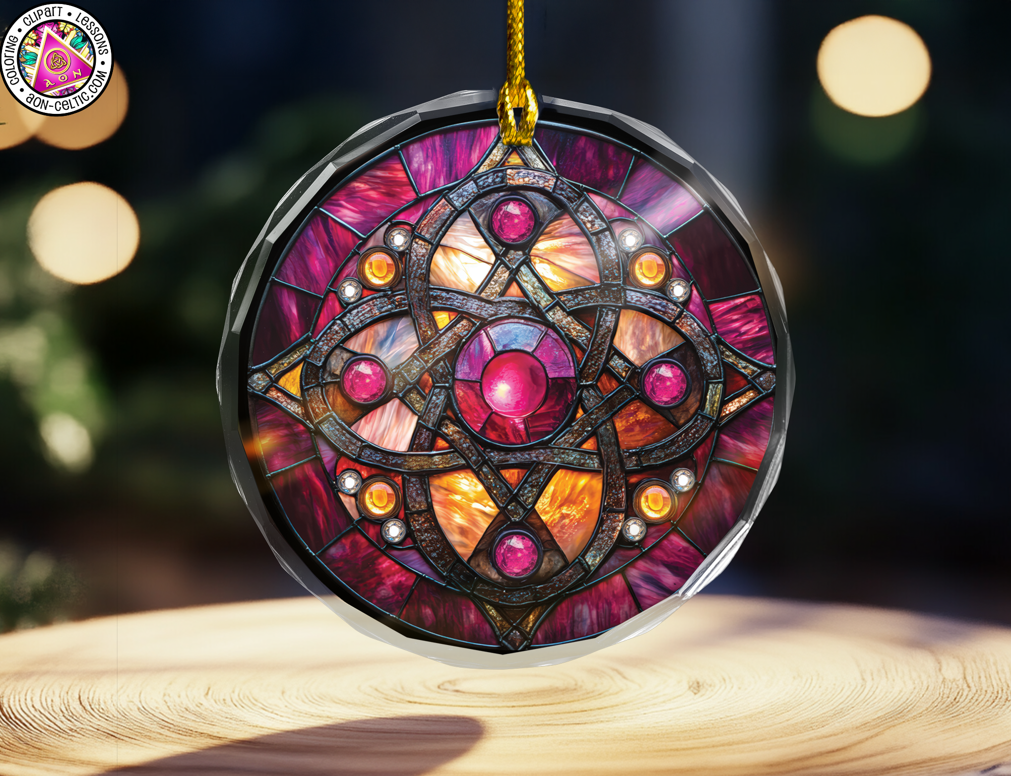 a stained glass ornament hanging from a wooden table
