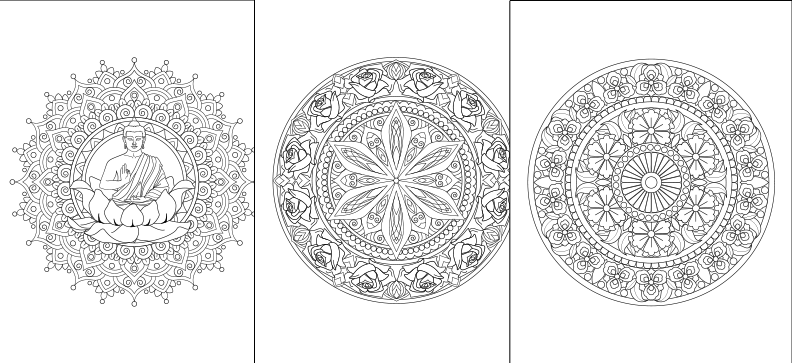 three intricate mandala designs, each with a unique pattern and style. The designs are arranged in a row, showcasing the diversity and complexity of the mandala patterns.