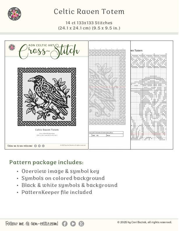 The image is a cross-stitch pattern featuring a Celtic raven toom. The raven is depicted in a black and white design, with intricate details and symbols. The background is a black and white color scheme, providing a stark contrast to the raven's black feathers. The image includes a pattern package that includes an overview view of the symbols, a colored background, black and white symbols, and a file included as a PatternKeeper file.
