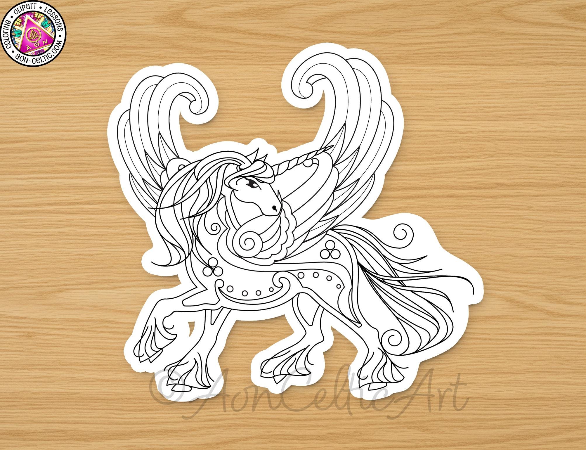 A hand-drawn illustration of a winged unicorn with a detailed, stylized design.