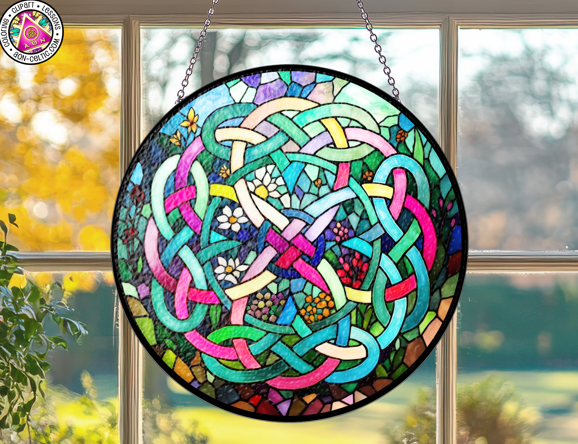 a stained glass window hanging from a chain