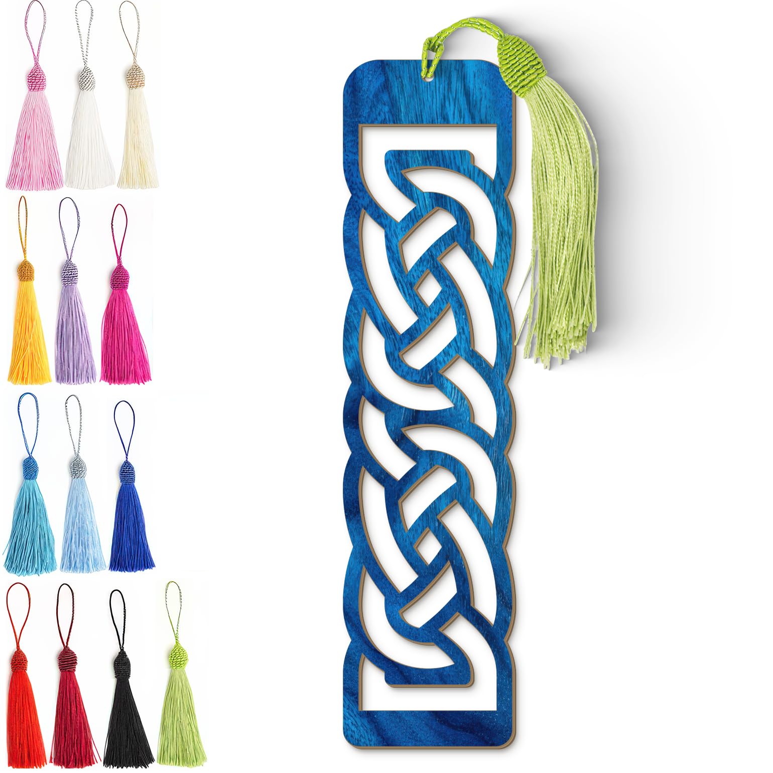 Celtic Wooden Bookmark – Laser Cut Interlocking Knot Design | Blue Wood Finish Tassel
