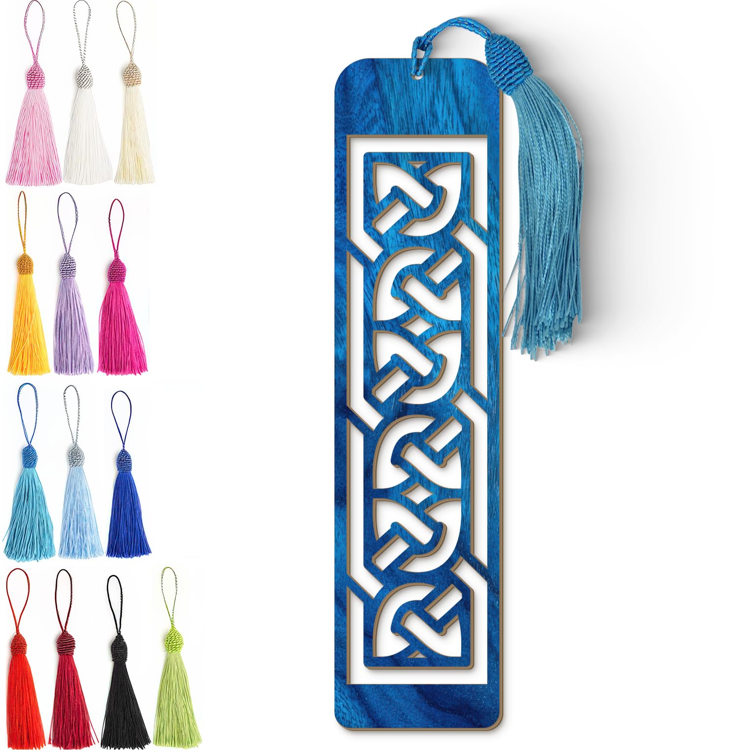 Celtic Wooden Bookmark – Laser Cut Interlocking Knot Design | Blue Wood Finish Tassel