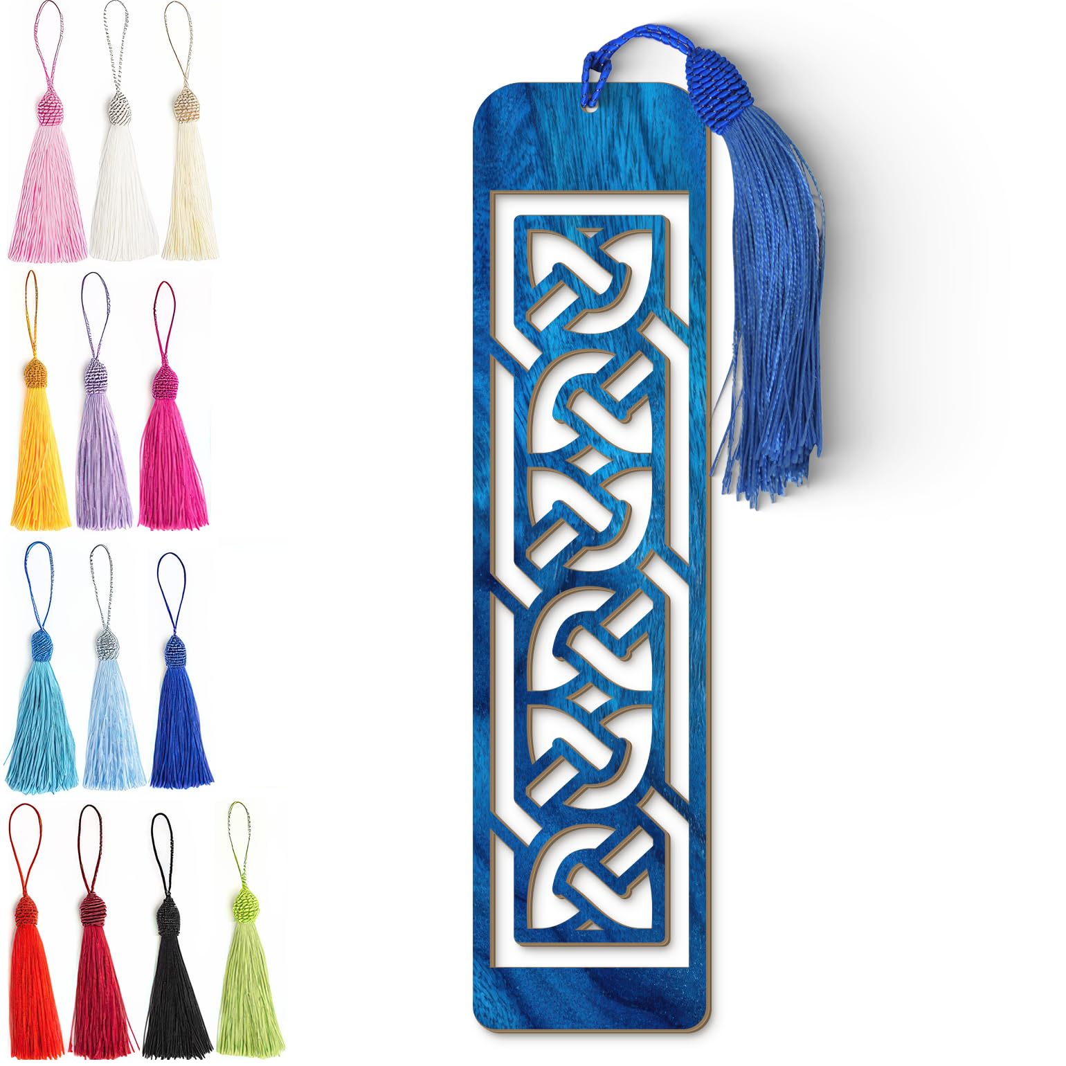 Celtic Wooden Bookmark – Laser Cut Interlocking Knot Design | Blue Wood Finish Tassel