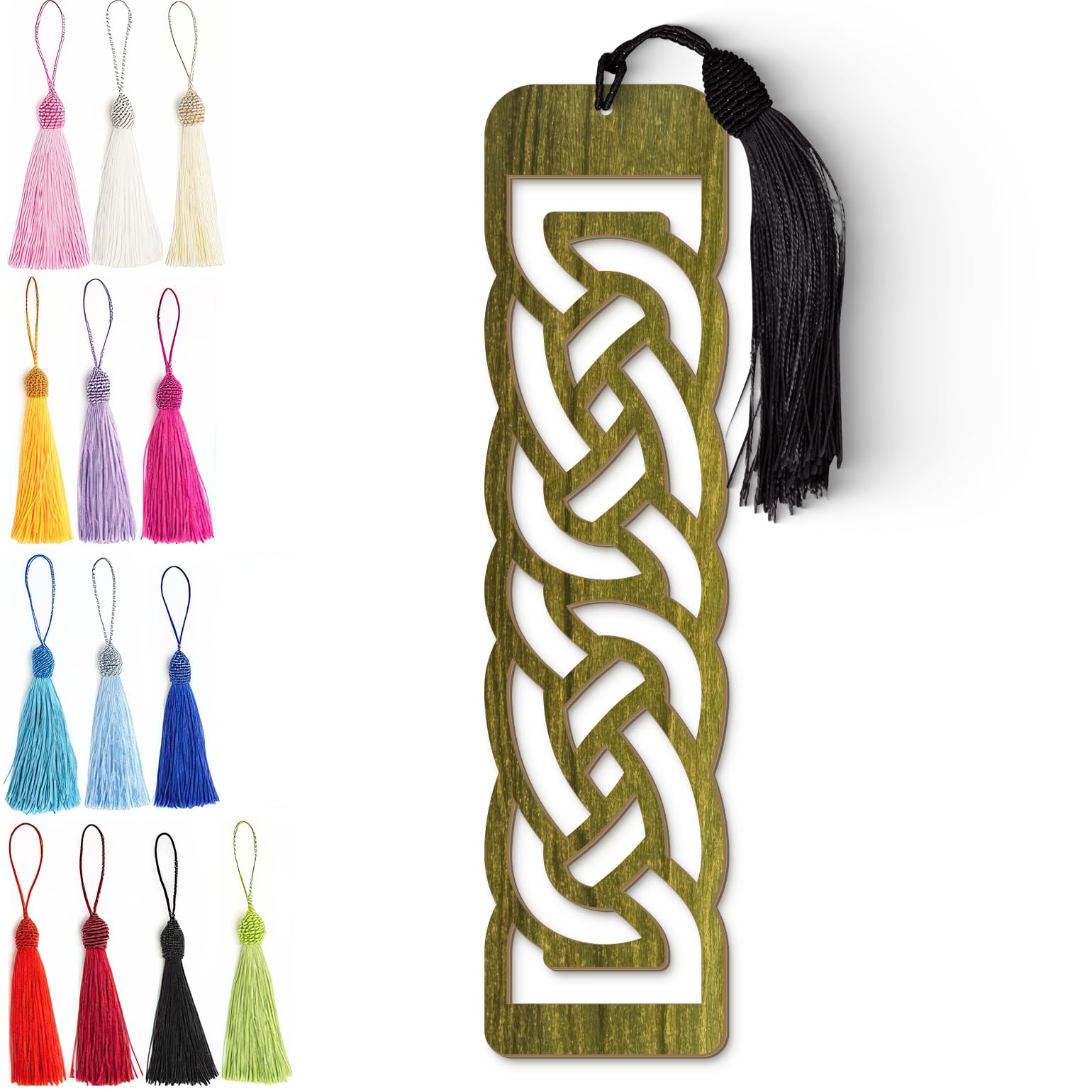 Celtic Wooden Bookmark – Laser Cut Olive Green Woodgrain Finish with Tassel