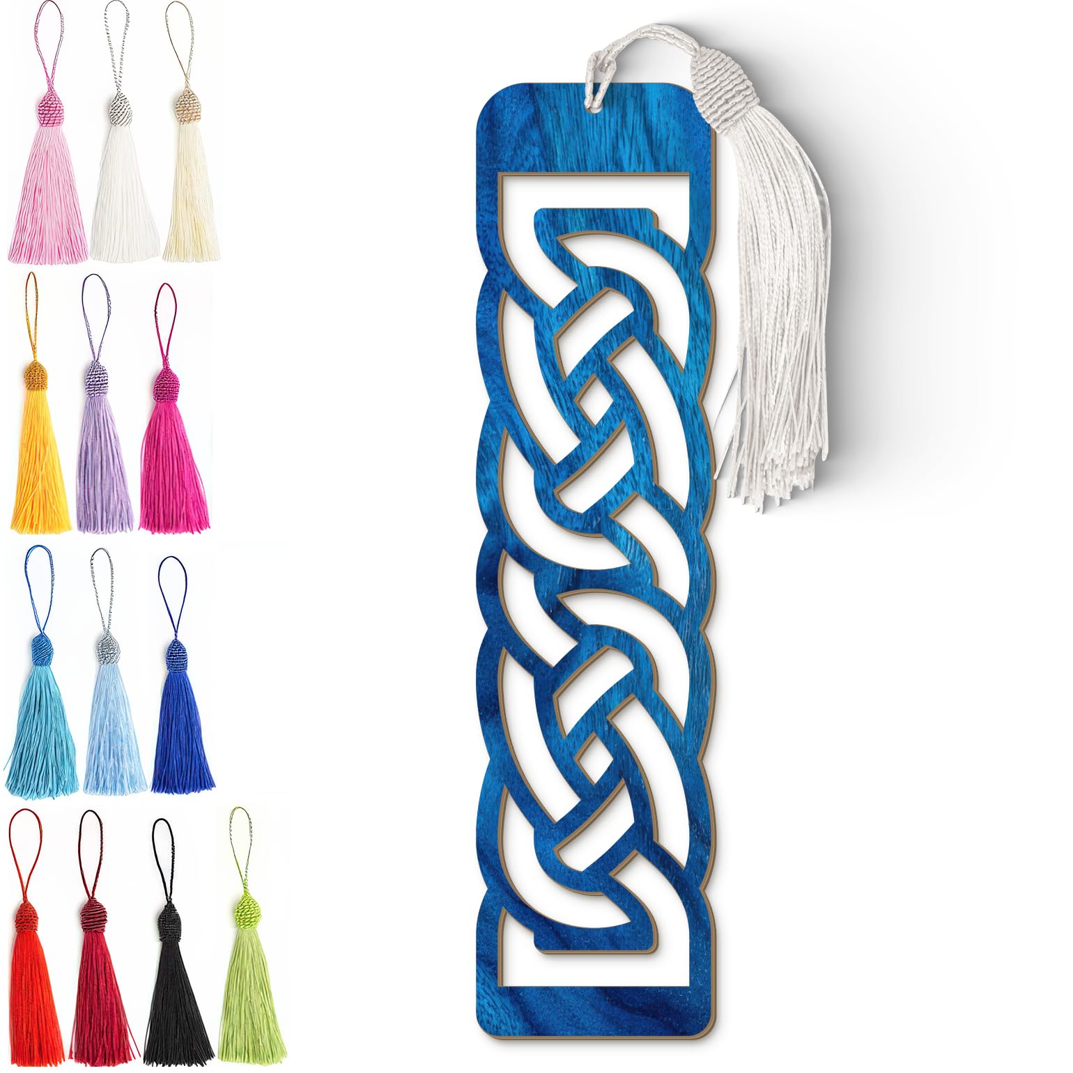 Celtic Wooden Bookmark – Laser Cut Interlocking Knot Design | Blue Wood Finish Tassel