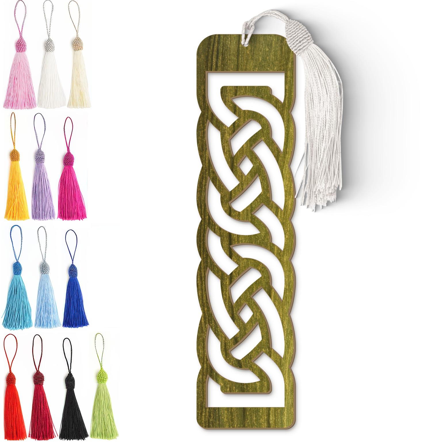 Celtic Wooden Bookmark – Laser Cut Olive Green Woodgrain Finish with Tassel