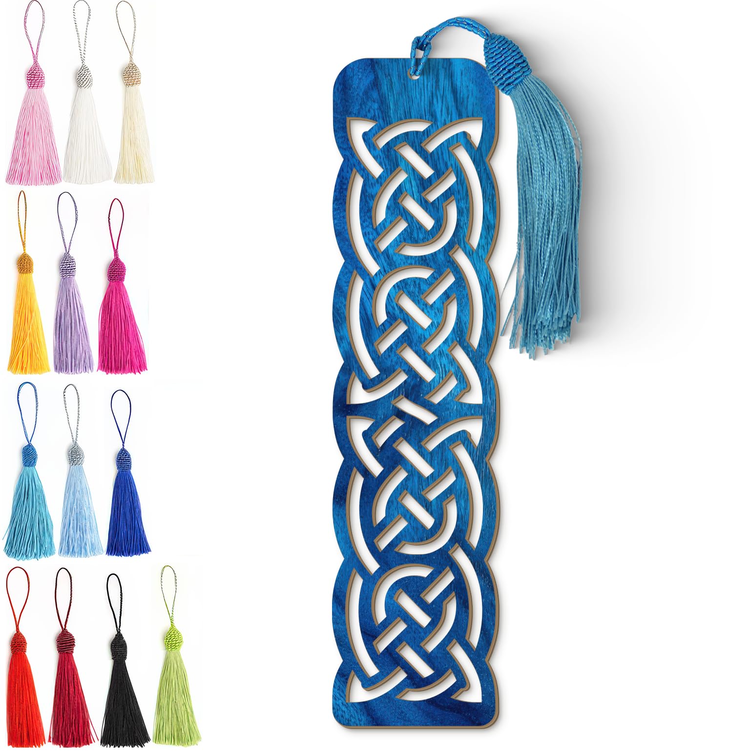 Celtic Wooden Bookmark – Handmade Laser Cut Blue Wood Knot Design with Tassel