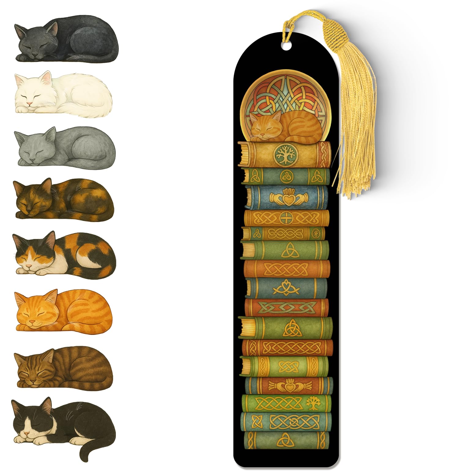 Celtic Cat Bookmark – Acrylic Sleeping Cat Design with Gold Tassel | Durable Book Lover Gift