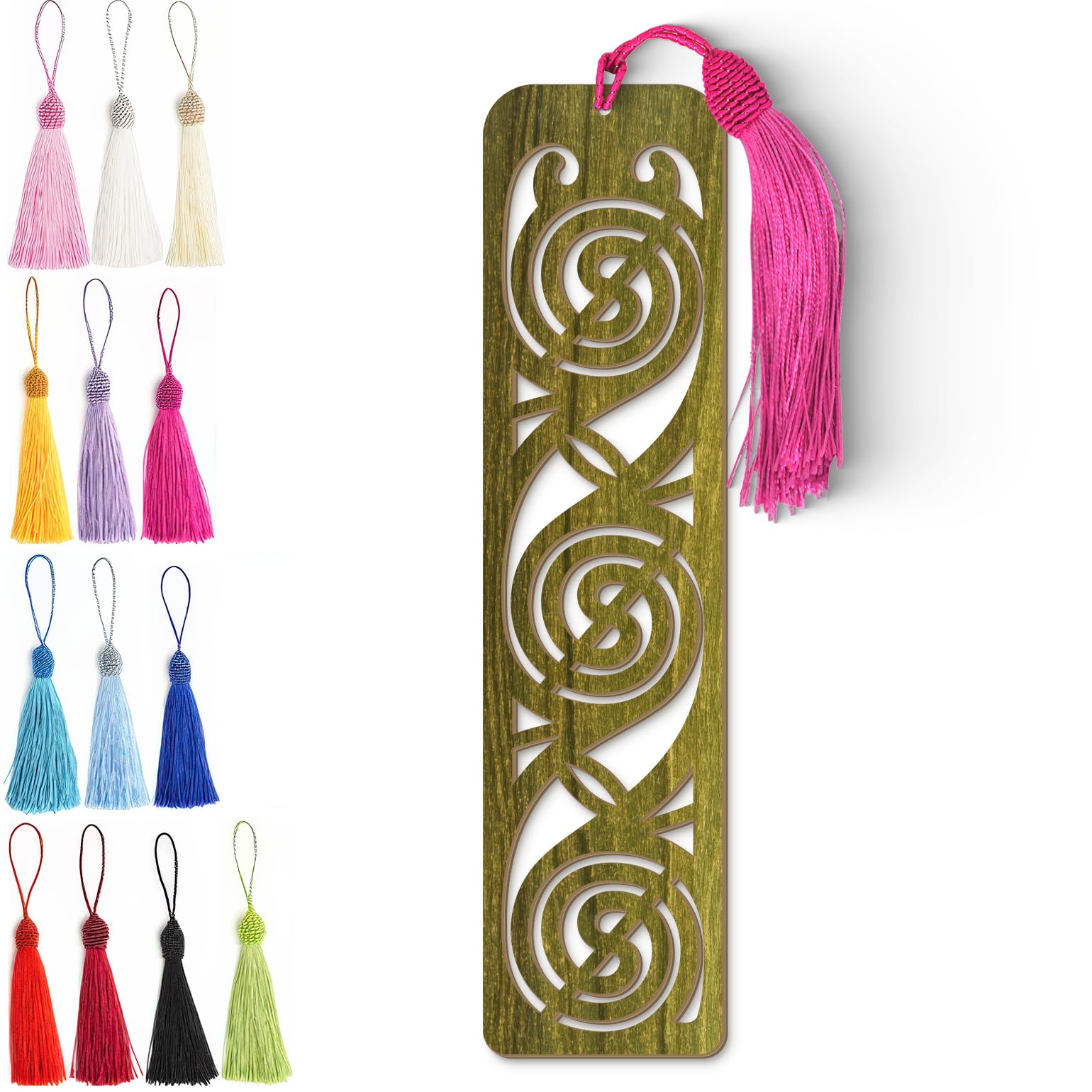Wooden Bookmark - Celtic Spiral Laser Cut Bookmark with Olive Green Finish & Tassel Charm