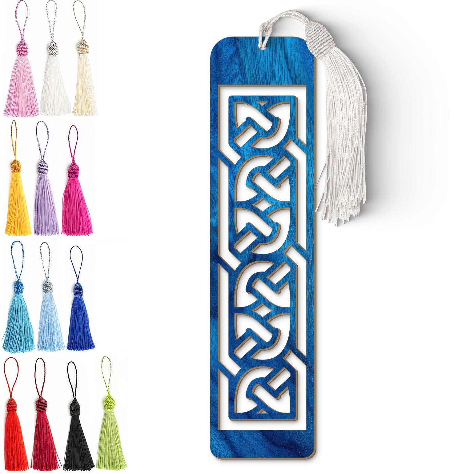 Celtic Wooden Bookmark – Laser Cut Interlocking Knot Design | Blue Wood Finish Tassel