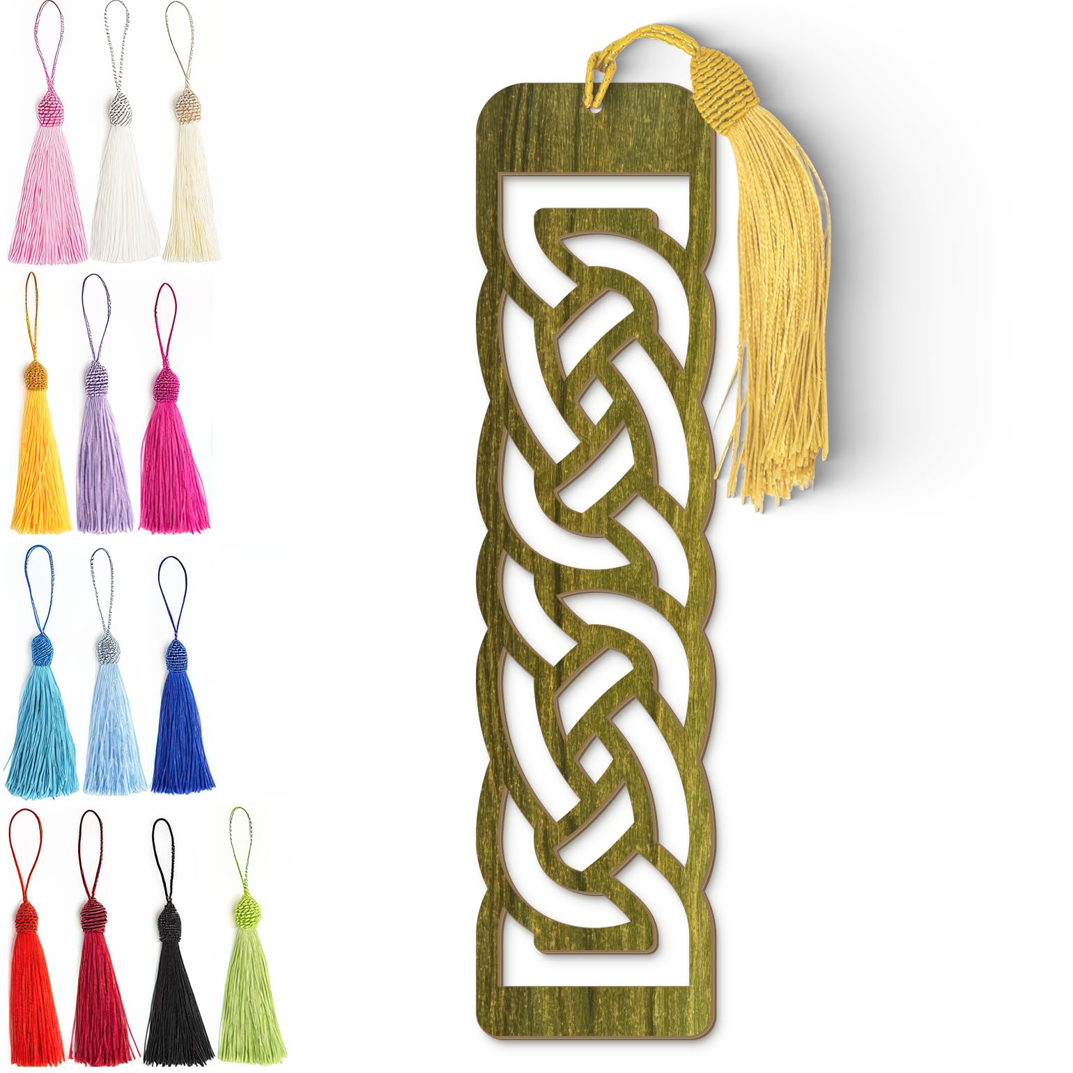 Celtic Wooden Bookmark – Laser Cut Olive Green Woodgrain Finish with Tassel