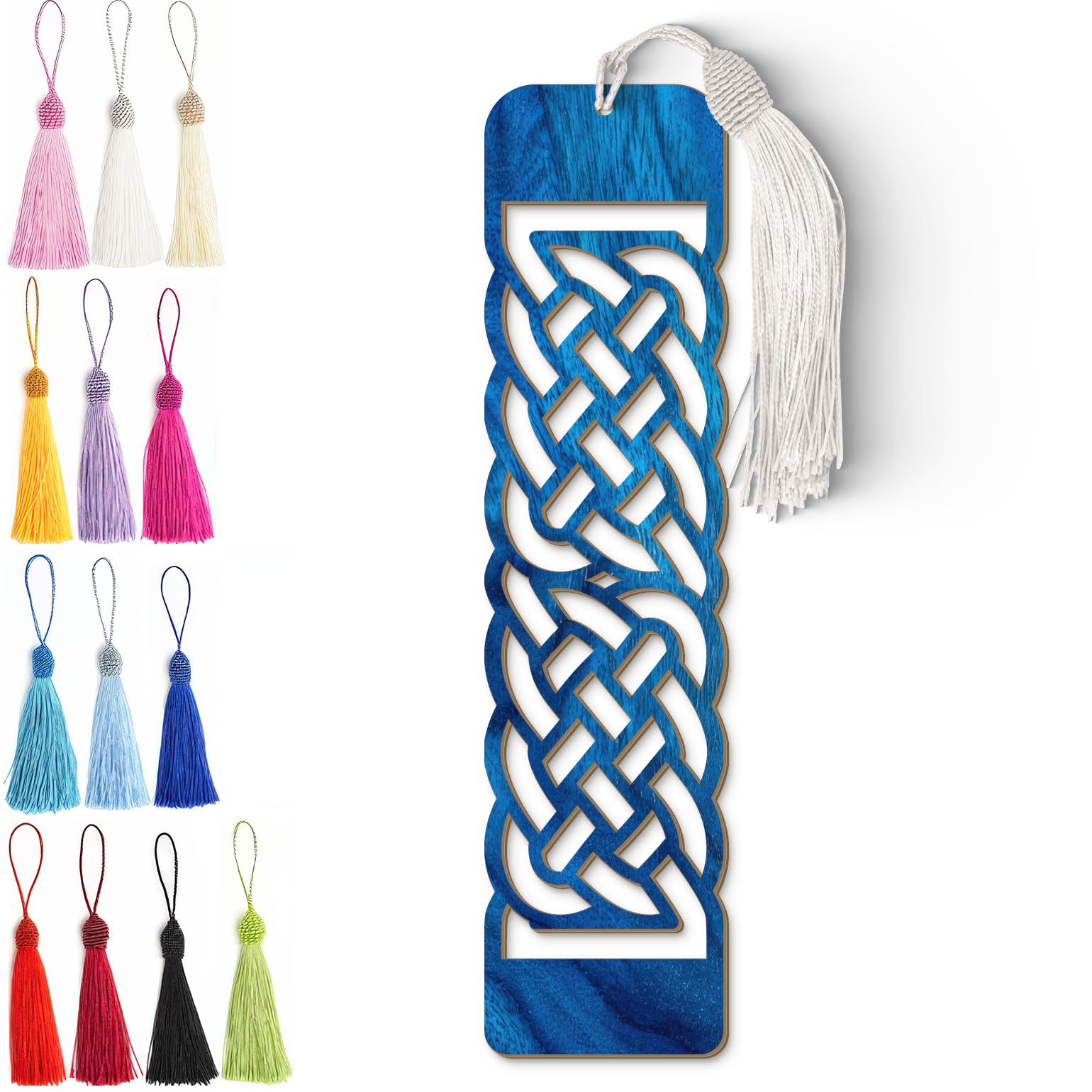 Celtic Wooden Bookmark – Laser Cut Blue Wood Grain Bookmark with Silky Tassel