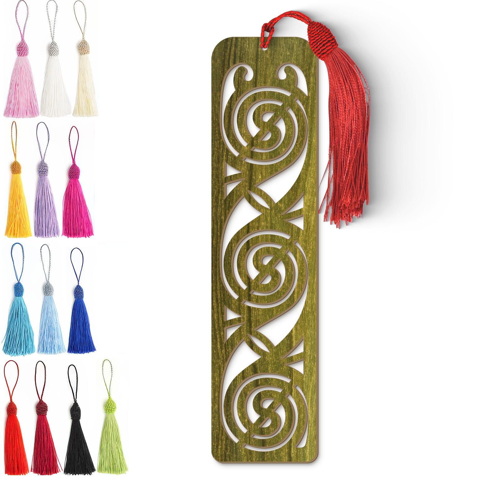Wooden Bookmark - Celtic Spiral Laser Cut Bookmark with Olive Green Finish & Tassel Charm