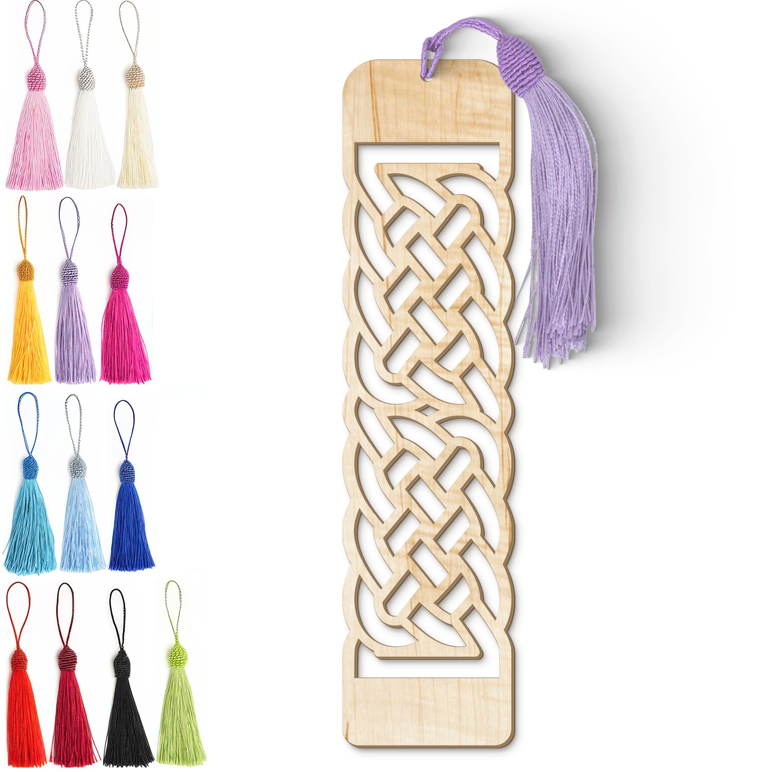 Celtic Knotted Braid Wooden Bookmark with Tassel – Intricate Laser-Cut Light Wood Grain Design