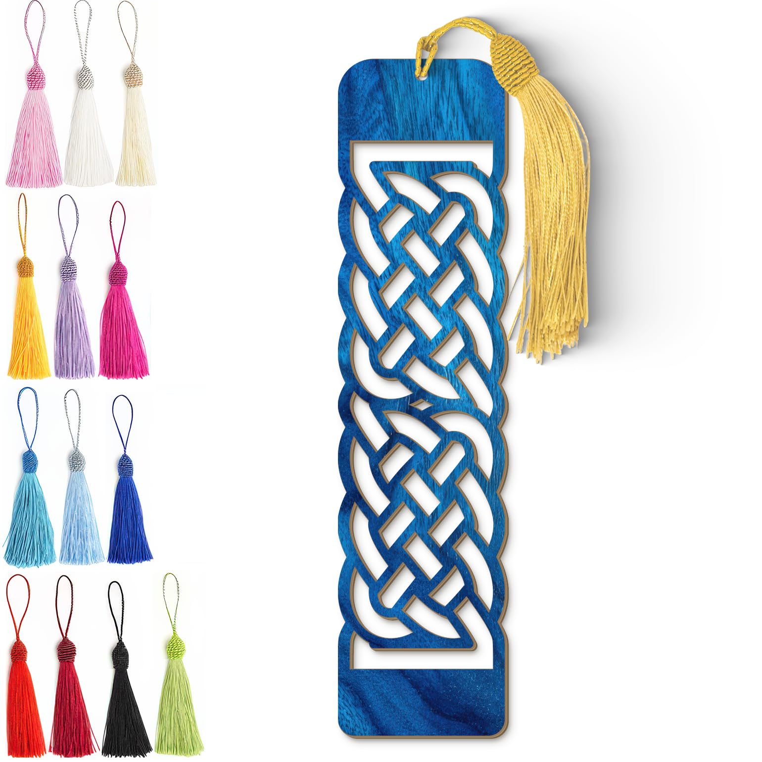 Celtic Wooden Bookmark – Laser Cut Blue Wood Grain Bookmark with Silky Tassel