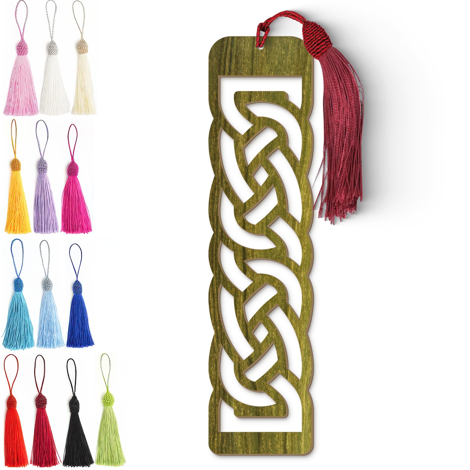 Celtic Wooden Bookmark – Laser Cut Olive Green Woodgrain Finish with Tassel