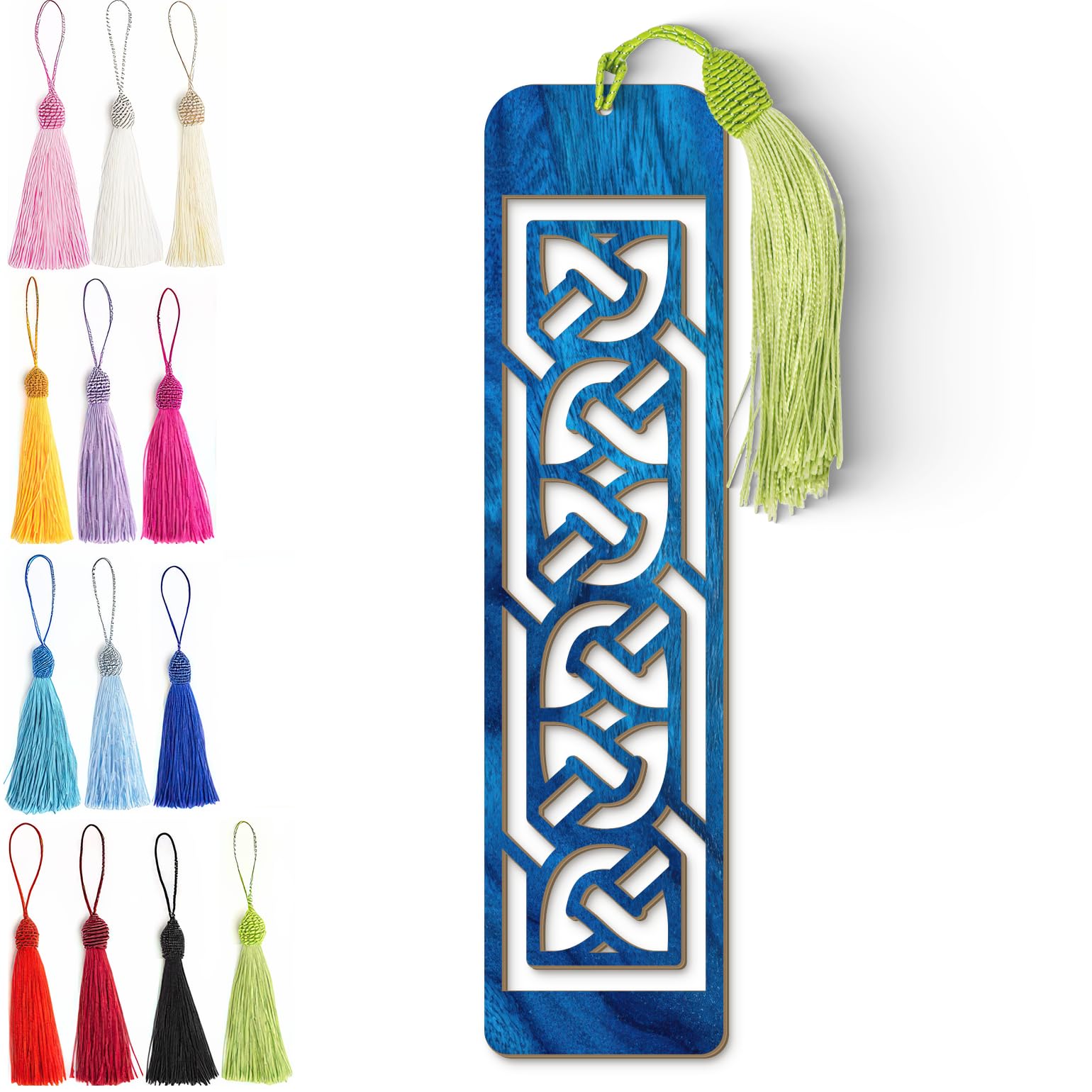 Celtic Wooden Bookmark – Laser Cut Interlocking Knot Design | Blue Wood Finish Tassel