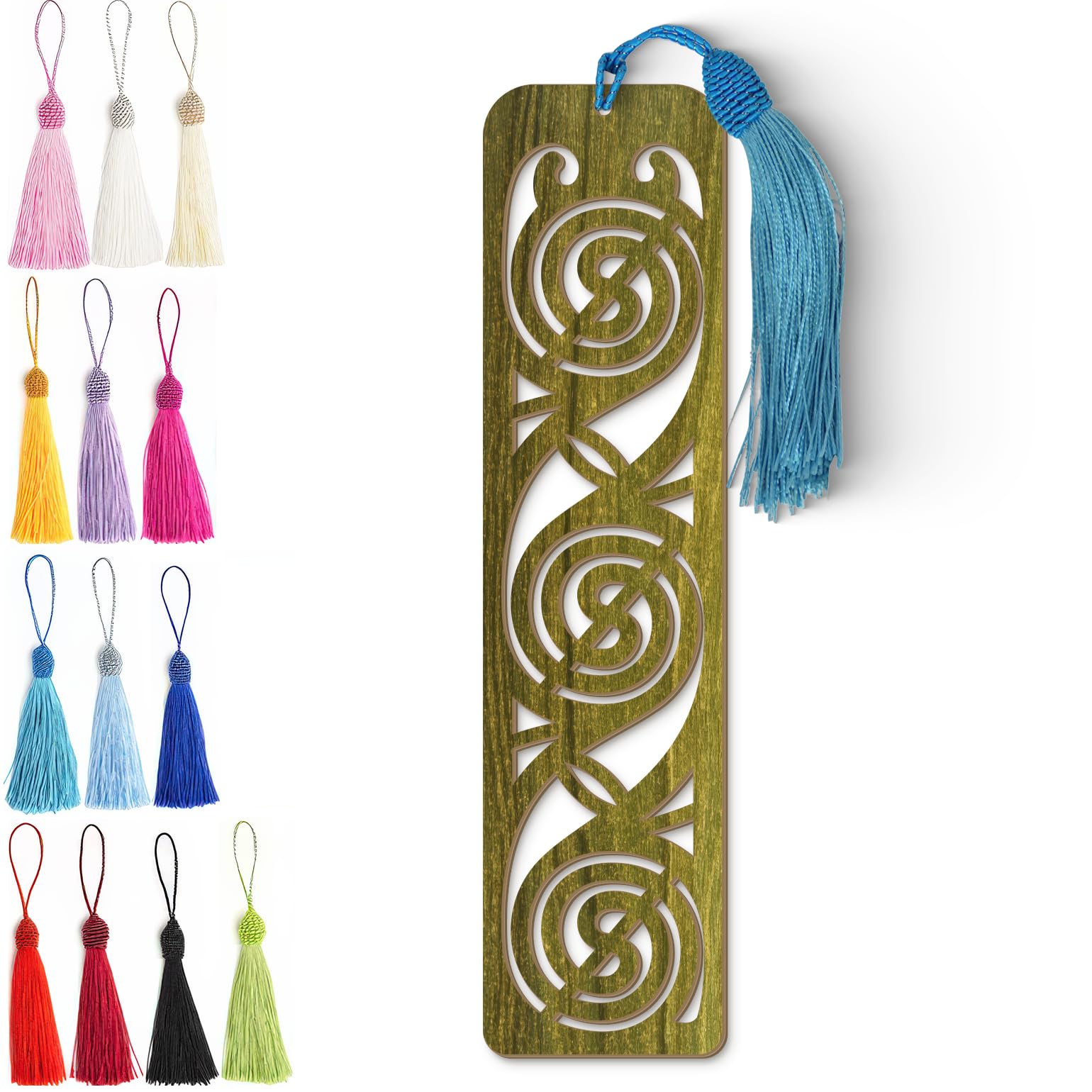 Wooden Bookmark - Celtic Spiral Laser Cut Bookmark with Olive Green Finish & Tassel Charm