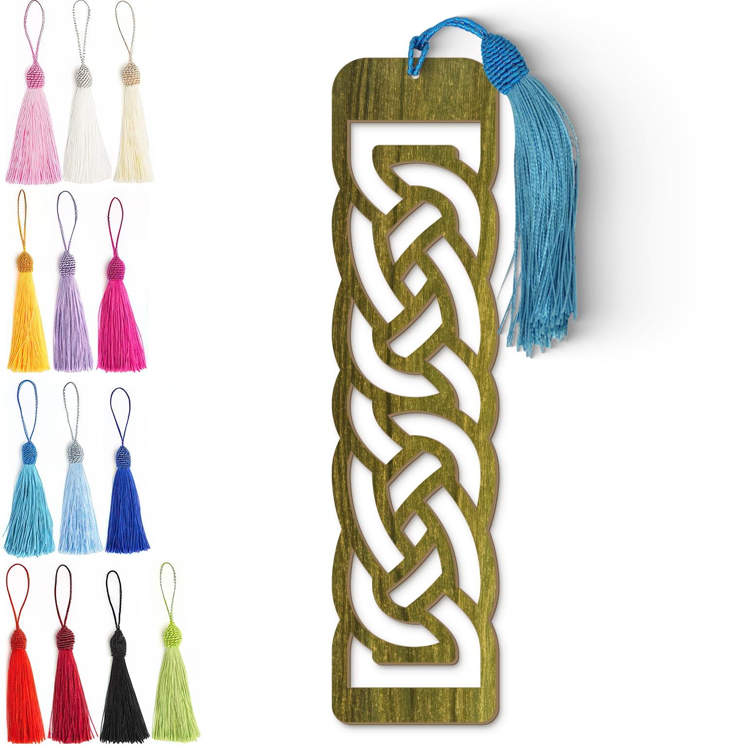 Celtic Wooden Bookmark – Laser Cut Olive Green Woodgrain Finish with Tassel