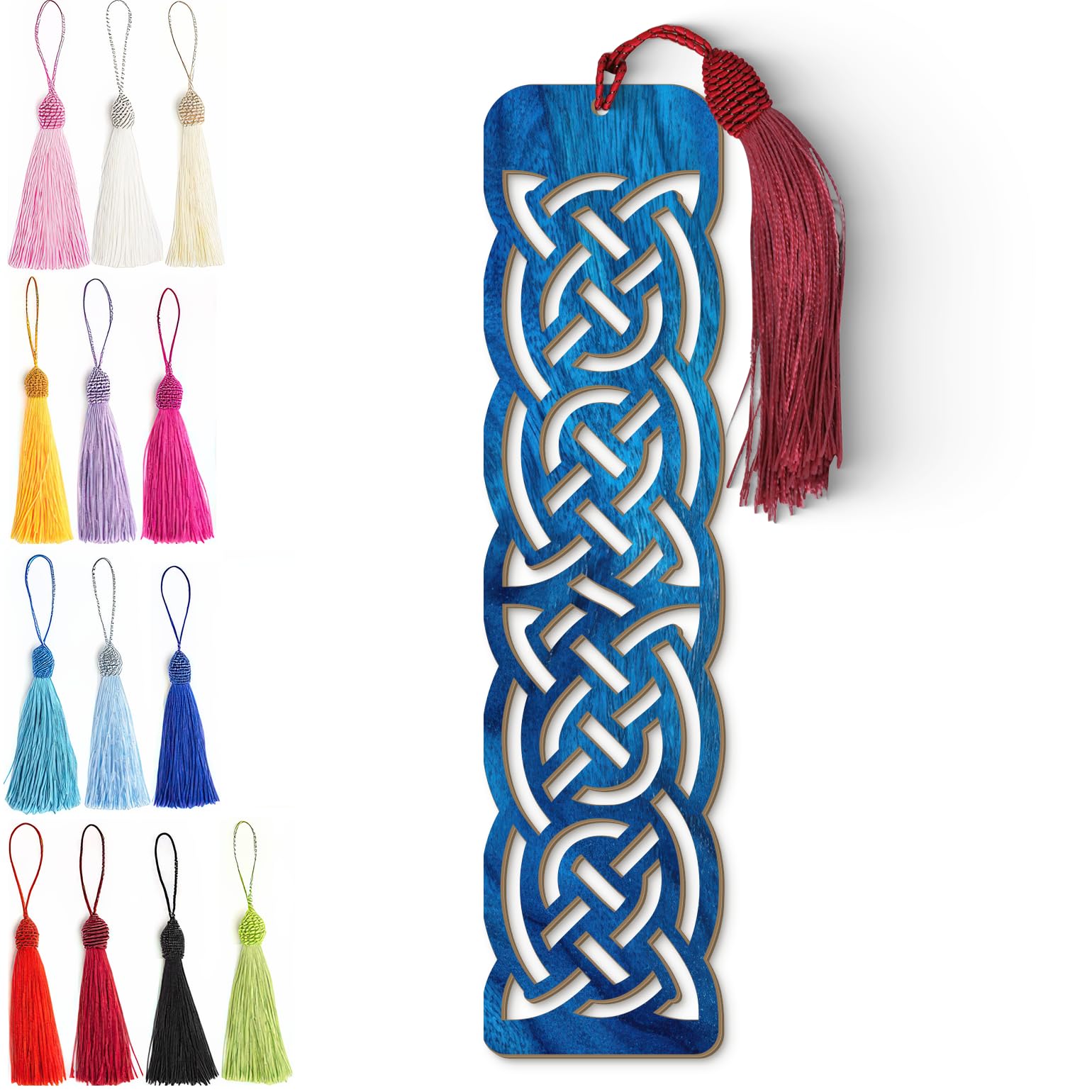Celtic Wooden Bookmark – Handmade Laser Cut Blue Wood Knot Design with Tassel