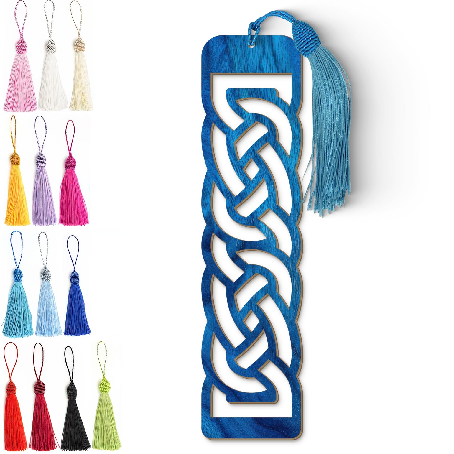 Celtic Wooden Bookmark – Laser Cut Interlocking Knot Design | Blue Wood Finish Tassel