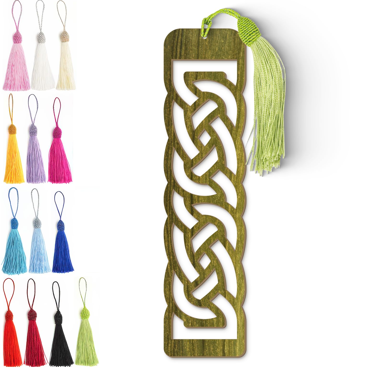 Celtic Wooden Bookmark – Laser Cut Olive Green Woodgrain Finish with Tassel