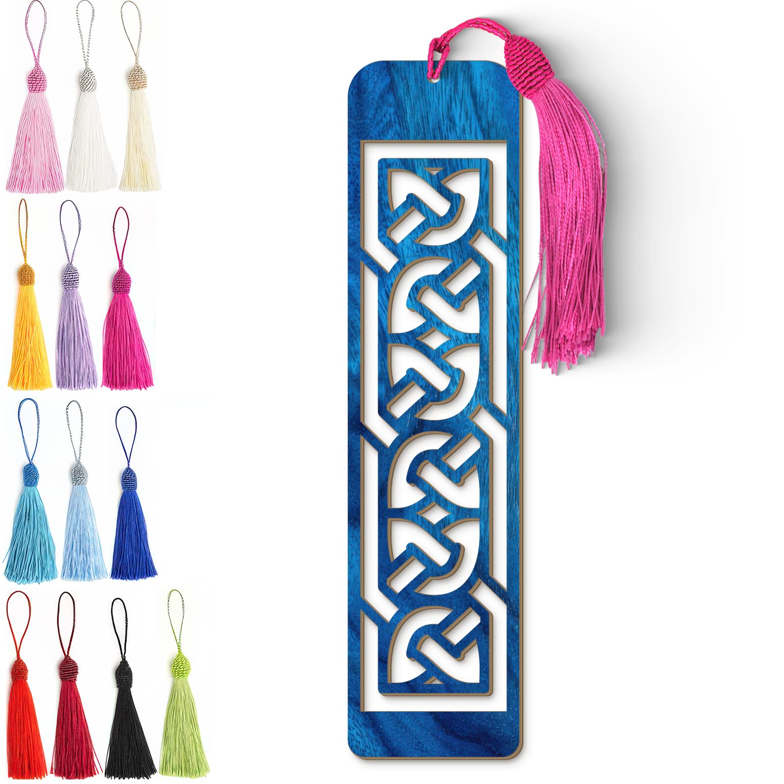 Celtic Wooden Bookmark – Laser Cut Interlocking Knot Design | Blue Wood Finish Tassel