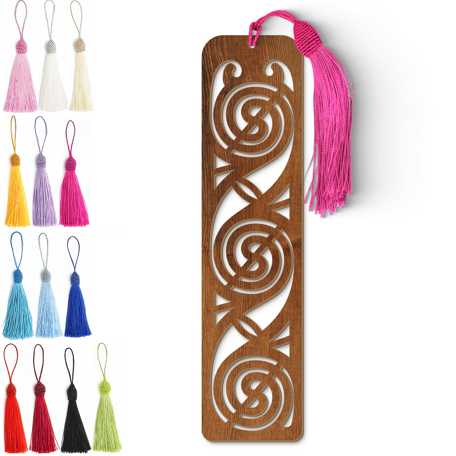 Wooden Bookmark | Celtic Spiral Design - Laser Cut Dark Wood Finish with Tassel