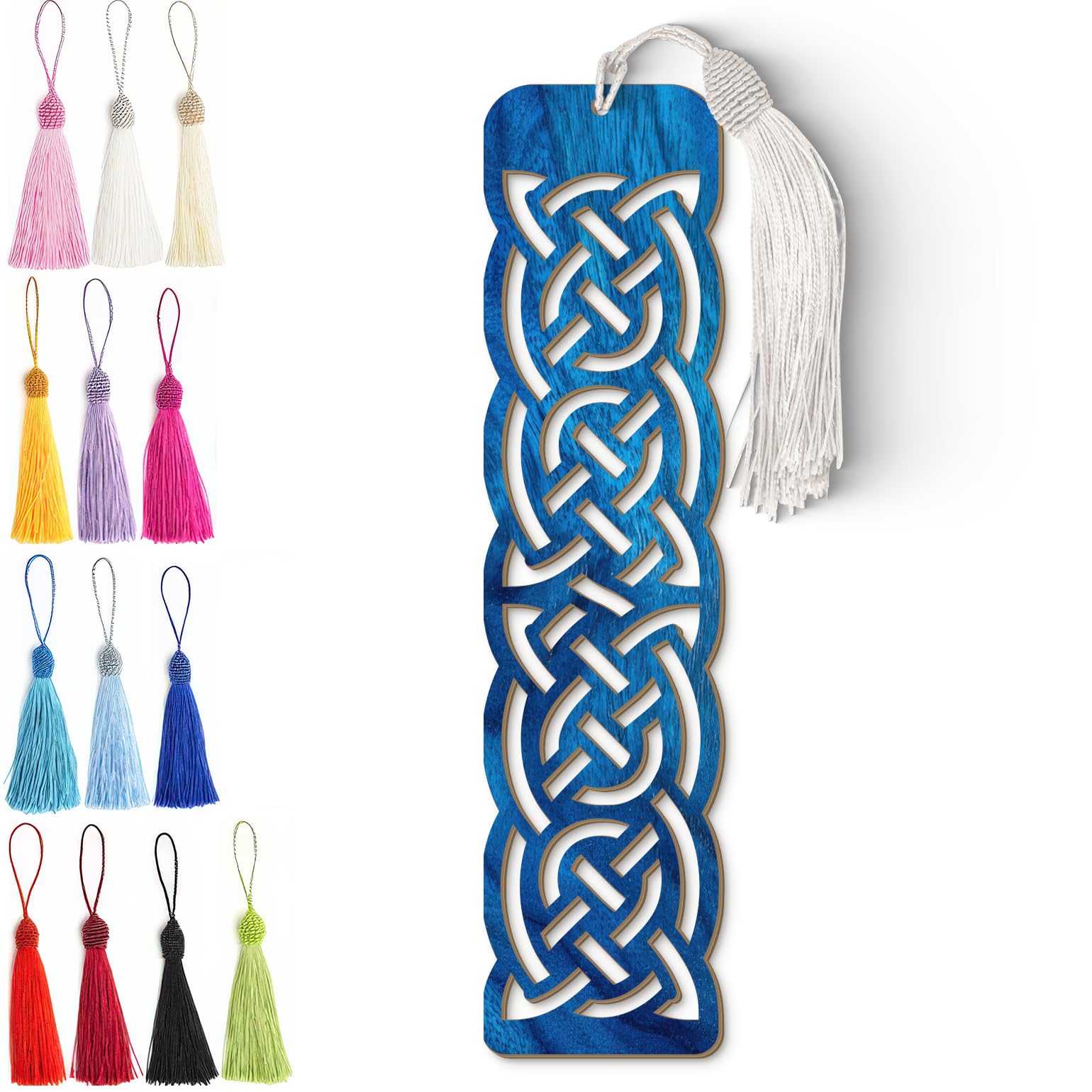 Celtic Wooden Bookmark – Handmade Laser Cut Blue Wood Knot Design with Tassel