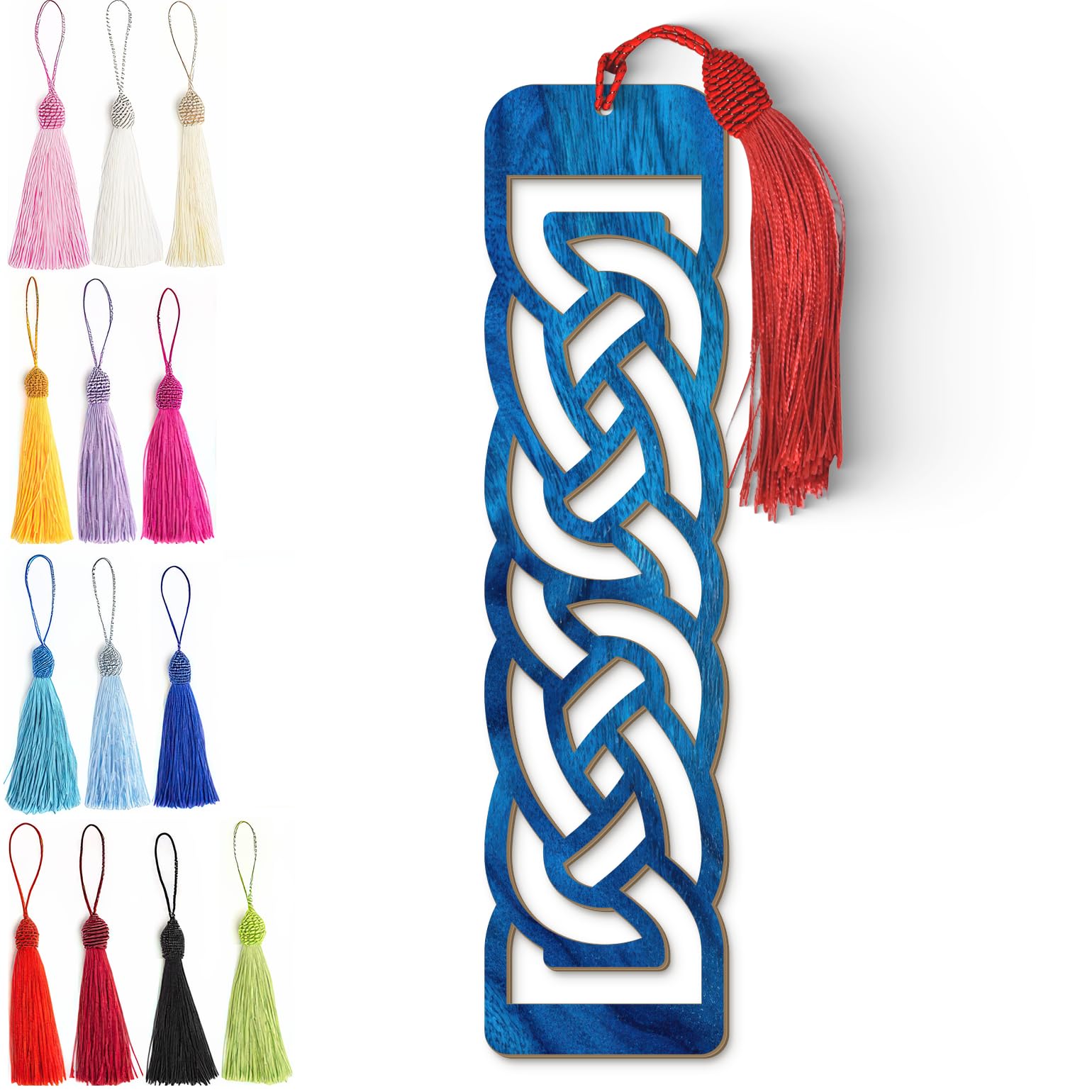 Celtic Wooden Bookmark – Laser Cut Interlocking Knot Design | Blue Wood Finish Tassel